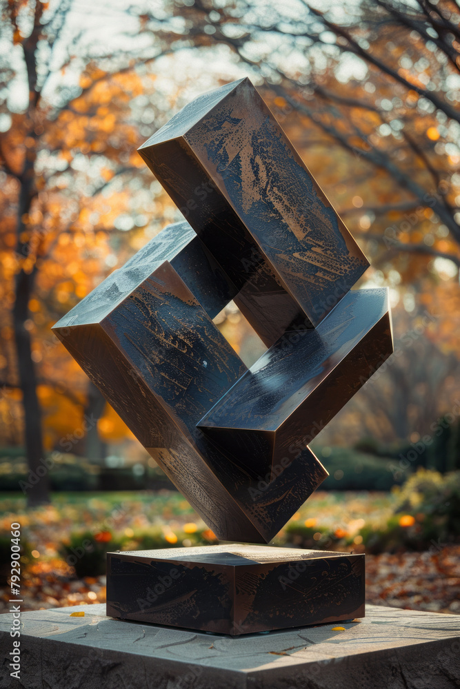 Poster an image of a kinetic sculpture in a public park, where balanced geometric shapes move and rotate wi