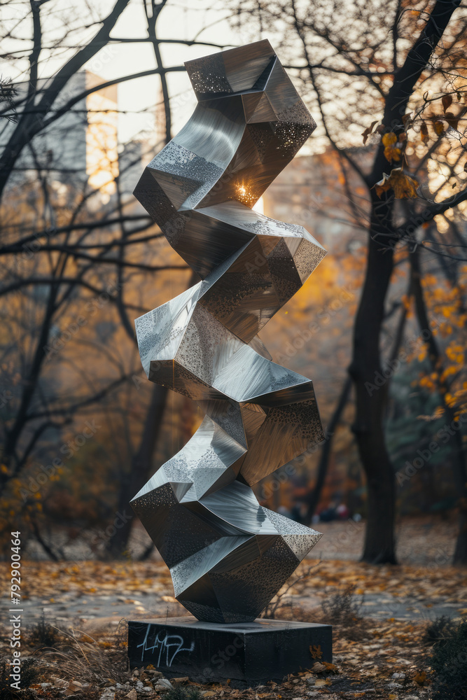 Poster an image of a kinetic sculpture in a public park, where balanced geometric shapes move and rotate wi