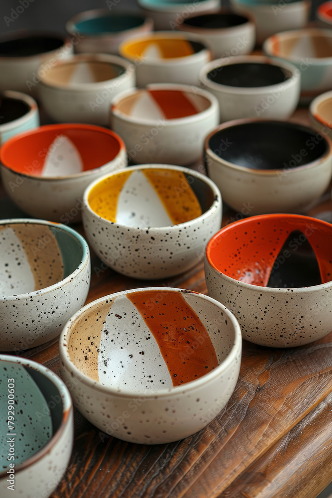 Poster A photograph showing a set of ceramic dishes, each with a unique geometric color block design that t
