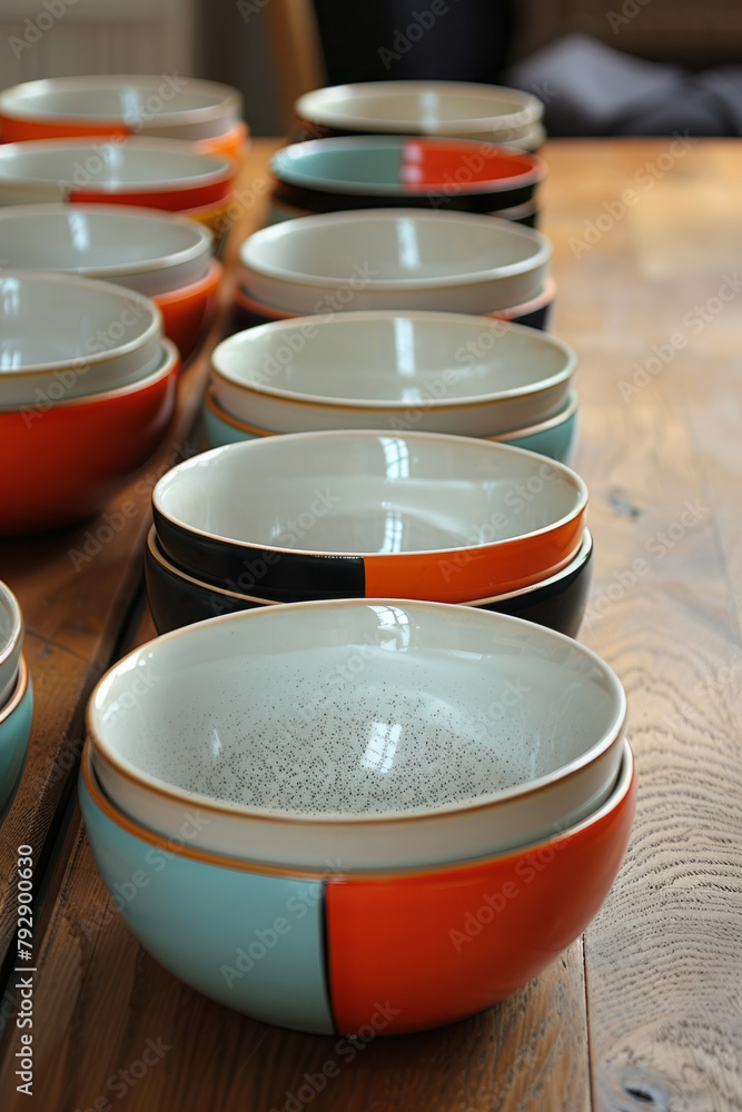 Poster A photograph showing a set of ceramic dishes, each with a unique geometric color block design that t