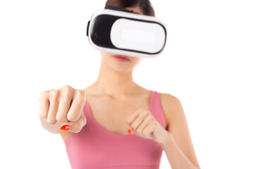 Young asian woman in sportswear wearing vr headset for exercise with punch isolated white...