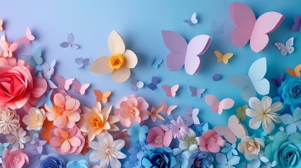 background with butterflies and flowers paper cut