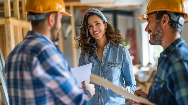 A couple discussing home renovation plans with a contractor, envisioning improvements to personalize their new home