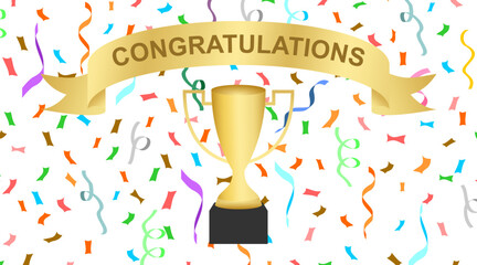 congratulations ribbon confetti and golden cup. vector illustration isolated on white background.