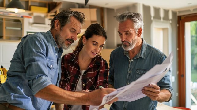 A couple discussing home renovation plans with a contractor, envisioning improvements to personalize their new home