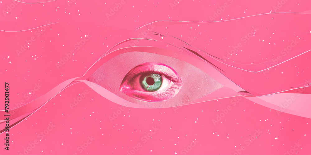 Poster surreal pink eye with floating wavy lines on sparkling background
