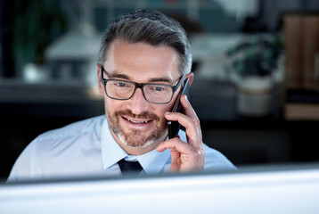 Businessman, phone call and computer for office, working and corporate email for connection....