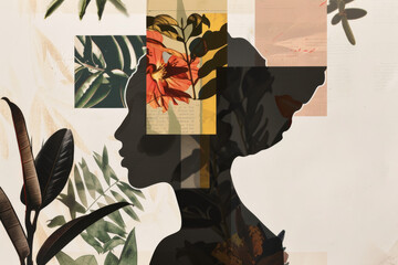 Silhouette Profile with Floral and Geometric Mixed Media Collage