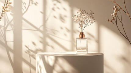 Minimalist Perfume Bottle with Floral Accents. Elegant Perfume Display with Soft Shadowing