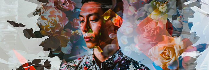 Surreal Portrait of Asian Man with Floral and Abstract Overlays