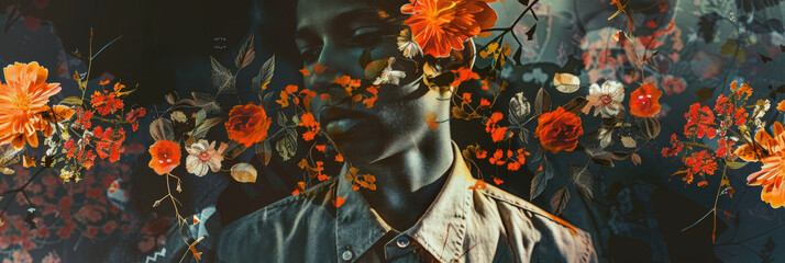 Surreal Floral Overlay Portrait of a Man with Dark Tone - obrazy, fototapety, plakaty