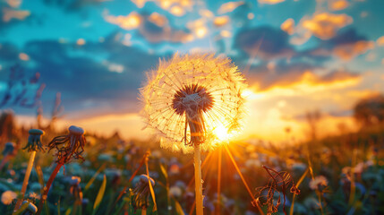 Big dandelion in a forest against the blue sky at sunset