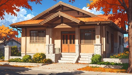 bungalow house facade in autumn in landscape anime cartoon illustration from Generative AI