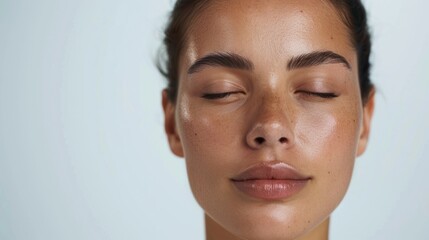 Portrait of a woman with natural makeup, closed eyes, and glowing skin in soft light