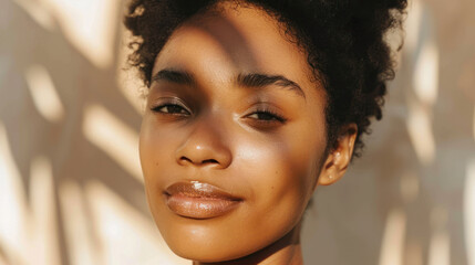 Warmly lit portrait of a woman with freckles and a natural look in sunlight