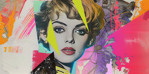 Colorful, Abstract Pop Art Collage with Vintage Female Portrait