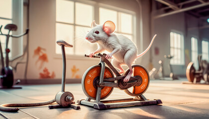 Cheerful, positive cute little mouse playing sports in the gym, working out