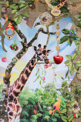 Colorful Giraffe in Enchanted Forest Setting with Decorative Elements