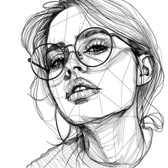 Woman portrait with glasses in hand drawn, handwritten style on white background. Handwritten artistic sketch.