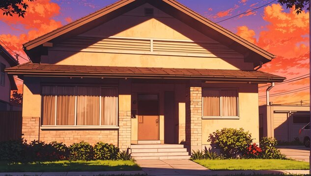 bungalow house facade in sunset in landscape anime cartoon illustration from Generative AI
