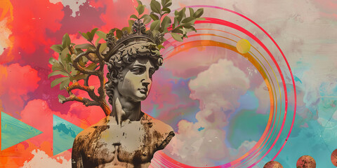 Surreal Artwork Featuring Ancient Statue with Vibrant Abstract Background