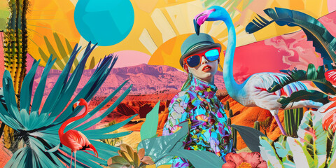 Obraz na płótnie Canvas Eclectic Fashion Flamingo Party in Colorful Desert Landscape