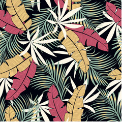 Botanical seamless tropical pattern with bright plants and leaves on a black background. Tropical botanical. Beautiful seamless vector floral pattern.