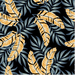 Botanical seamless tropical pattern with bright plants and leaves on a black background. Tropic leaves in bright colors. Beautiful seamless vector floral pattern.