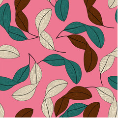 Abstract seamless tropical pattern with bright plants and leaves on a pink background. Beautiful seamless vector floral pattern. Hawaiian style. Printing and textiles. 