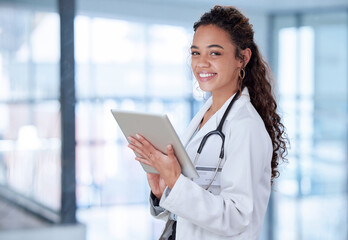 Portrait, woman and doctor with tablet, smile and telehealth for medical research, online schedule...