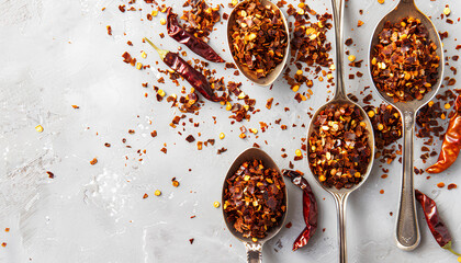 Spoons with chipotle chili flakes and dried jalapeno peppers on light background