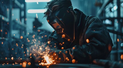 Path of an industrial welding worker in a mask and coat working with sparks at a factory, in the style of a realistic photo shoot, with high resolution photography