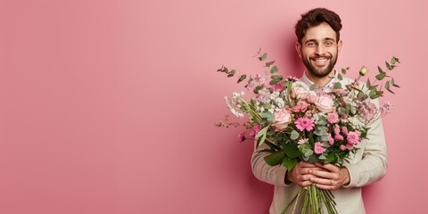 A man is holding a bouquet of flowers and smiling. The flowers are pink and the background is pink