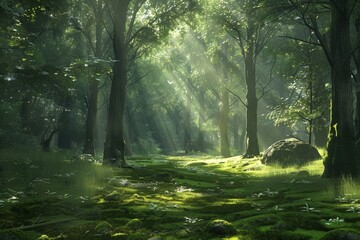 Obraz premium A quiet forest with sunlight streaming through the trees.
