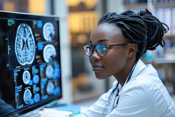 A woman wearing glasses is looking at a computer monitor displaying a brain scan. She is a doctor or a medical professional, as she is wearing a white lab coat. Concept of focus and concentration