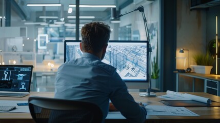 Male architect working on computer in the office. The man architecture designer is using architectural design software for a construction project and virtual digital building model or blueprints.