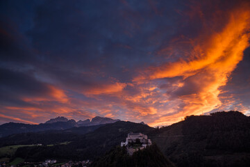 Sunset with Red Clouds over Werfen and Burg Hohenwerfen