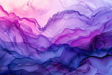A purple and blue painting with a mountain range in the background. The painting is full of color and has a dreamy, ethereal quality - obrazy, fototapety, plakaty