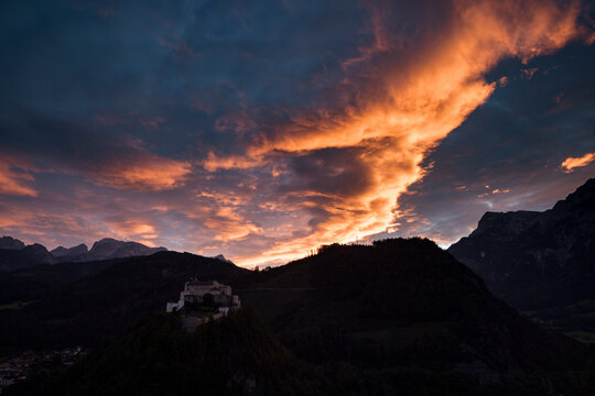 Sunset with Red Clouds over Werfen and Burg Hohenwerfen