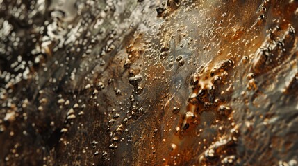 A close-up of molten bronze exploding outwards capturing the frozen motion of tiny droplets and a rough textured surface