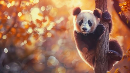 CUTE PANDA BEAR hanging from a tree with blurred background and room for copy space in high...