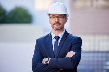 Man, portrait and engineer with arms crossed at building for real estate architecture, property or...