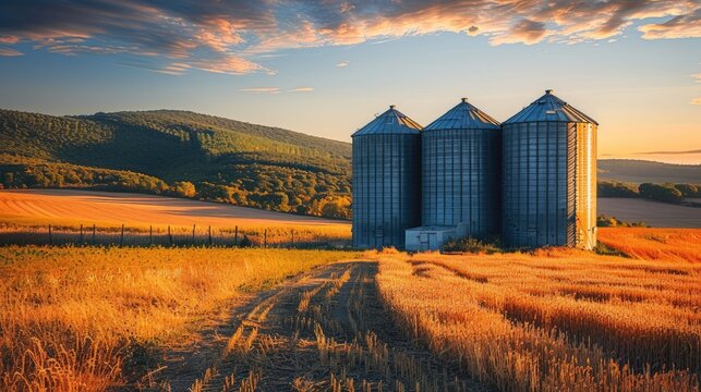 A field with three silos in the background. The silos are empty and the sky is cloudy