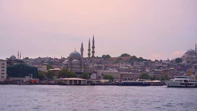 Embrace the grandeur of Istanbul's historic city center as seen from a ferry. A tapestry of history and modernity woven along the Bosphorus shores.