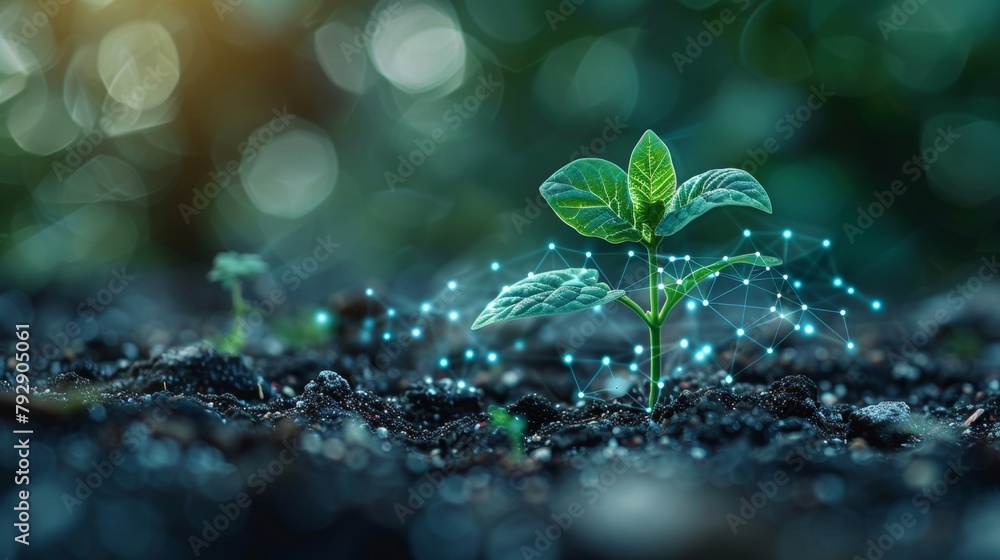 Aufkleber A green plant sprout with a blue wi-fi symbol. Design with low polygons. Abstract geometric background. Wireframe light connection structure. Modern 3D graphic Modern illustration.