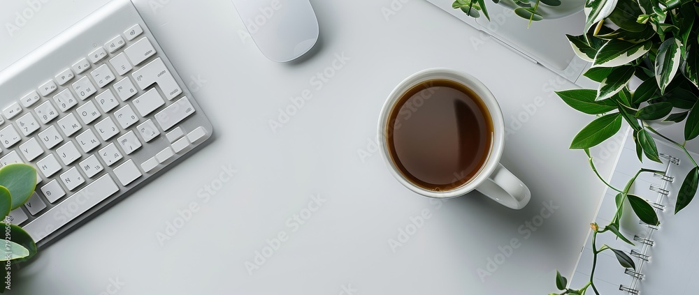 Wall mural Photo of a modern office desk with a white keyboard, mouse and notebook on a grey background.