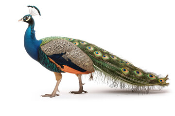 Obraz premium regal peacock with vibrant feathers on white background.