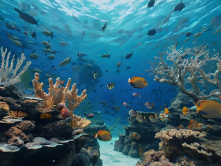 Fototapeta na wymiar Underwater adventure Blue sea life reef and fish generative AI