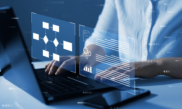 Process management with flowchart to improve productivity and successful efficiency of the company. Workflow robotic automation concept.
