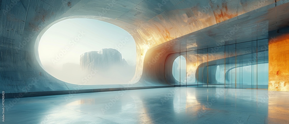 Leinwandbilder detailed rendering of a futuristic abstract glass building with an empty concrete floor.